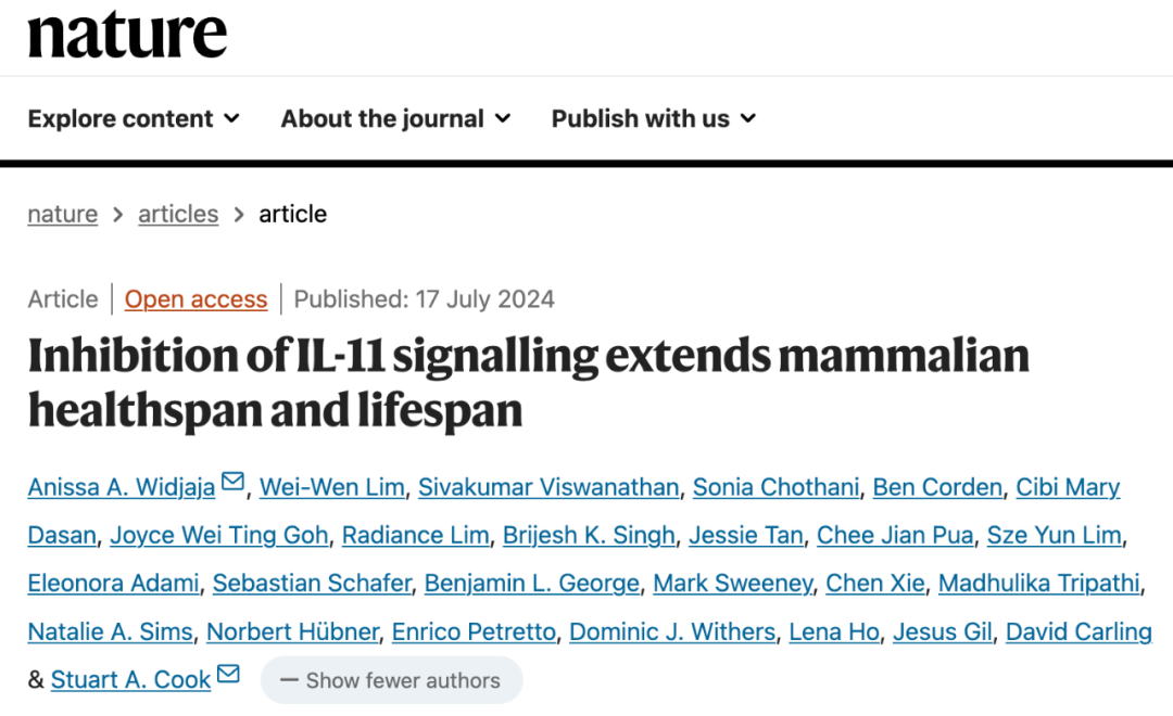 Nature：抗衰老全新靶点，抑制促炎蛋白IL11，可显著延缓衰老，延长四分之一寿命